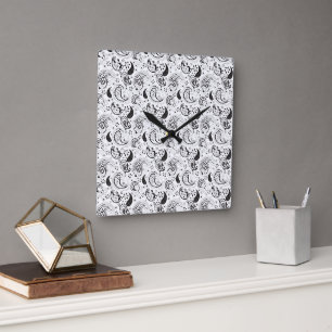 Black & White Paisley Pattern –Elegant Textile Art Square Wall Clock