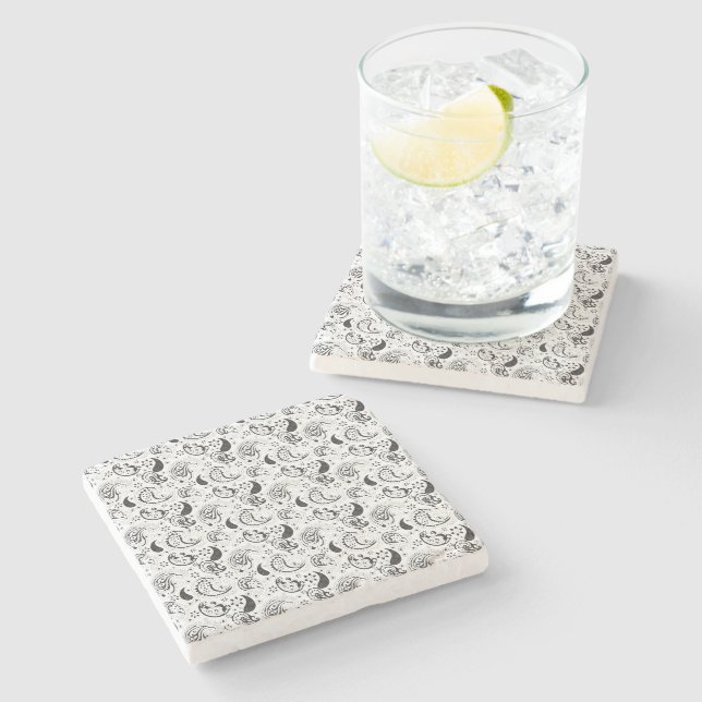 Black & White Paisley Pattern –Elegant Textile Art Stone Coaster (Side)