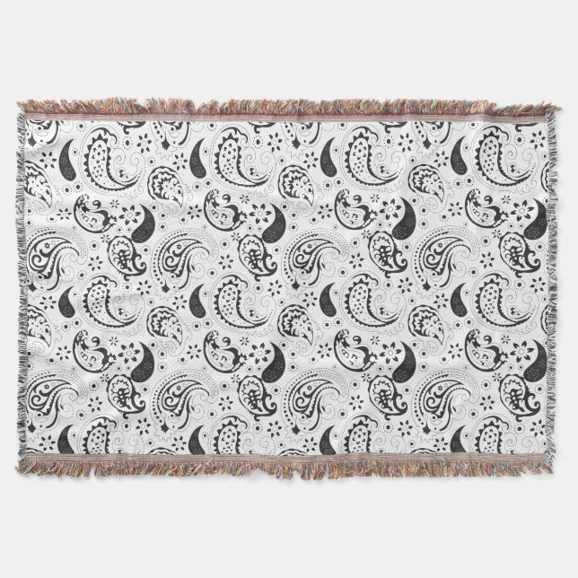Black & White Paisley Pattern –Elegant Textile Art Throw Blanket (Front)