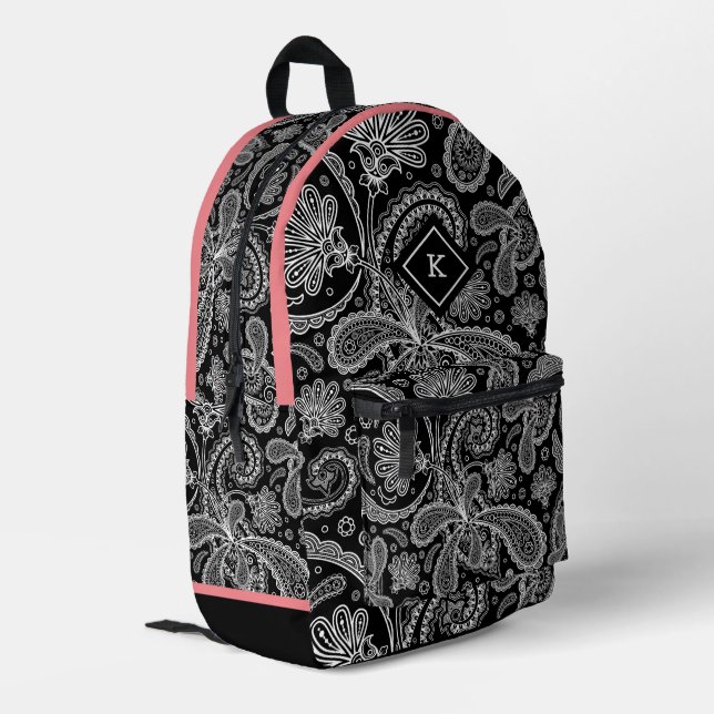 Black white paisley pattern, pink accent, monogram printed backpack (Back Corner Left)