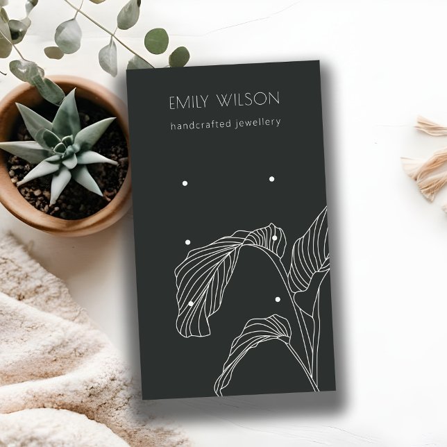 Black White Palm Leafy Sketch 3 Earring Display Business Card (Creator Uploaded)