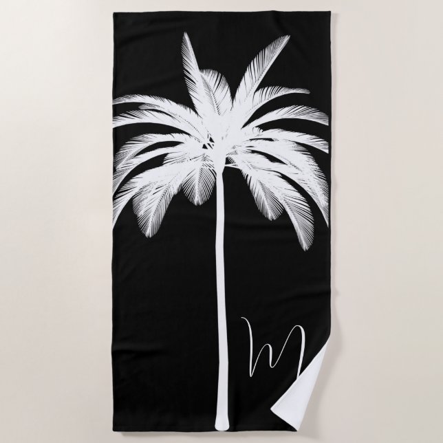 Black White Palm Tree Modern Monogram Beach Towel (Front)