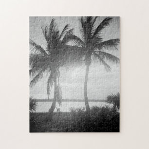 Black & White Palm Trees in The Sunset Photograph Jigsaw Puzzle