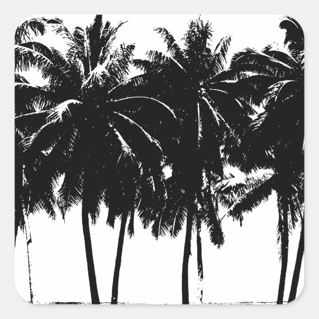 Black White Palm Trees Silhouette Square Sticker (Front)