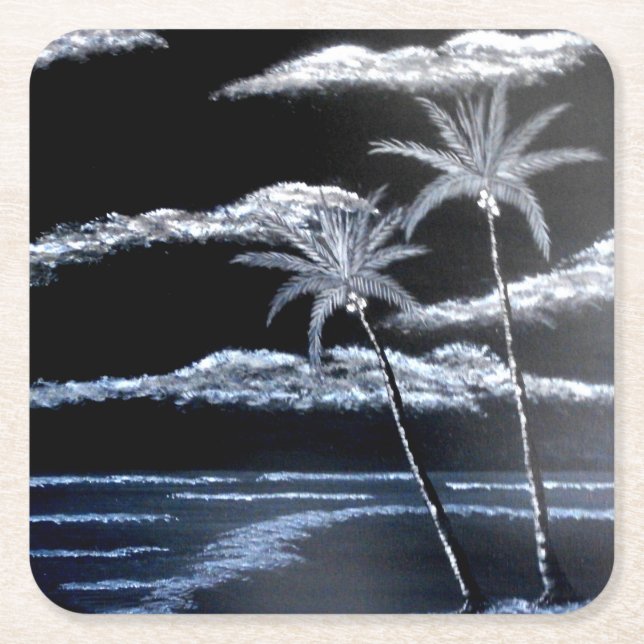Black & White Palm Trees Square Paper Coaster (Front)