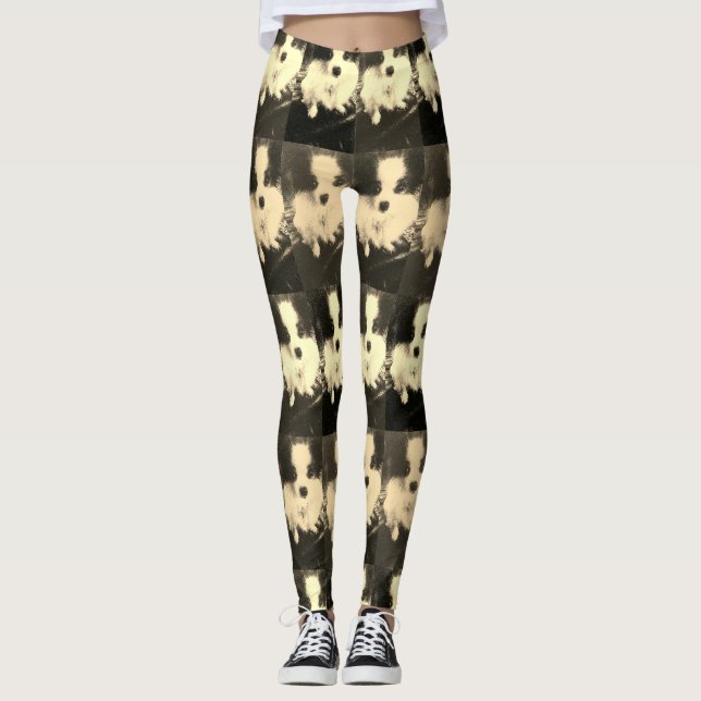 Black & white Papillon Dog designer leggings (Front)