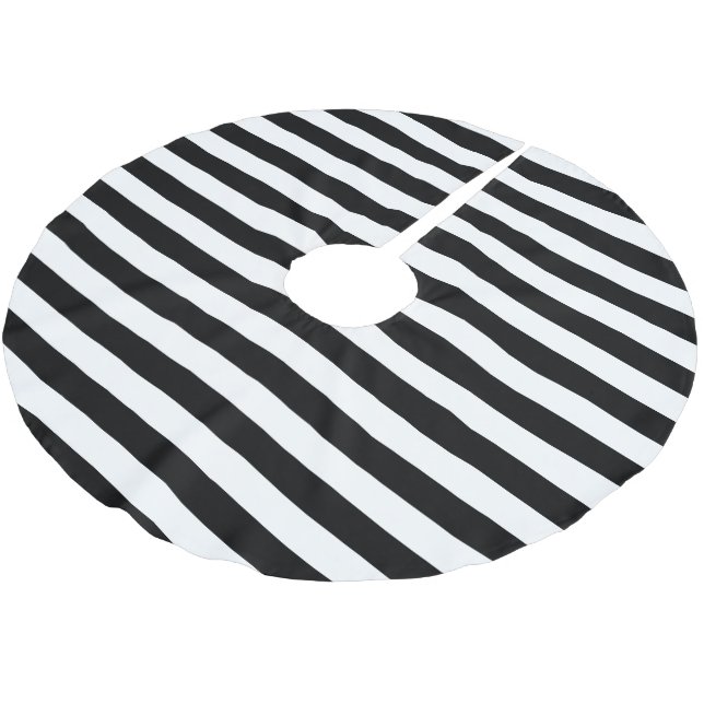 Black White Parallel Stripes Christmas Holiday Brushed Polyester Tree Skirt (Angled)