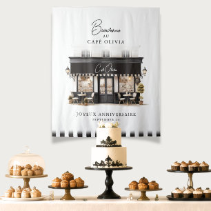 Black & White Paris Café Birthday Welcome Backdrop Tapestry