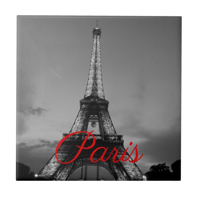 Black White Paris City Night Eiffel Tower European Ceramic Tile (Front)