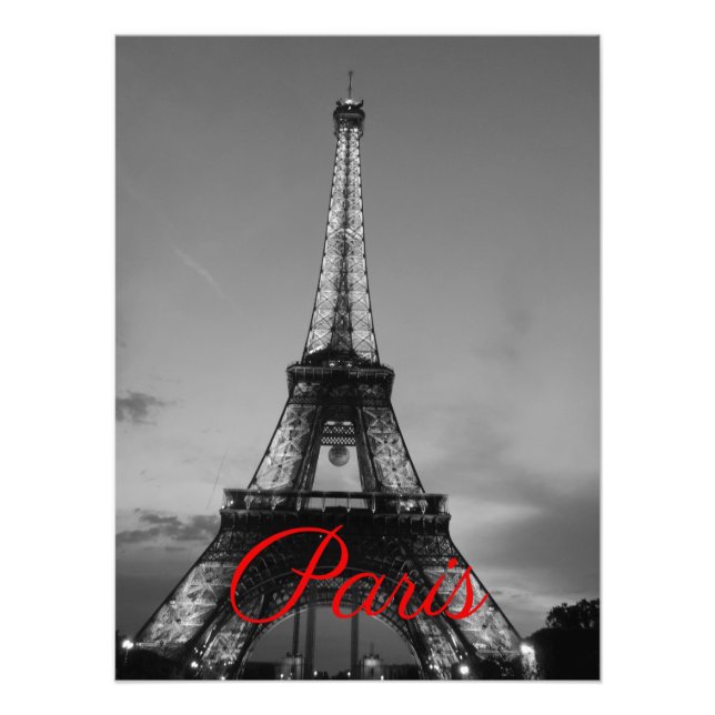Black White Paris City Night Eiffel Tower European Photo Print (Front)