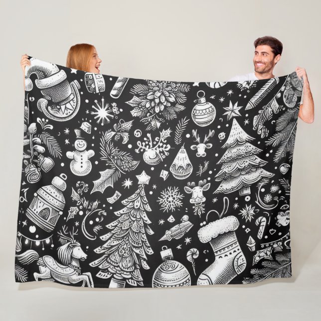 Black White Pastel Drawing Christmas Motif Holiday Fleece Blanket (In Situ)