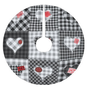 Black White Patchwork Hearts Seamless. Brushed Polyester Tree Skirt