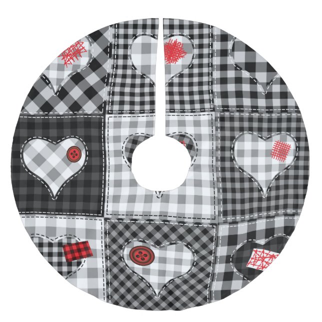 Black White Patchwork Hearts Seamless. Brushed Polyester Tree Skirt (Front)