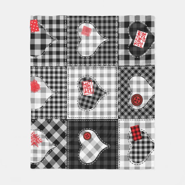 Black White Patchwork Hearts Seamless. Fleece Blanket (Front)