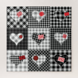 Black White Patchwork Hearts Seamless. Jigsaw Puzzle