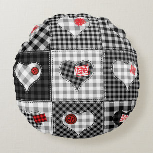 Black White Patchwork Hearts Seamless. Round Cushion