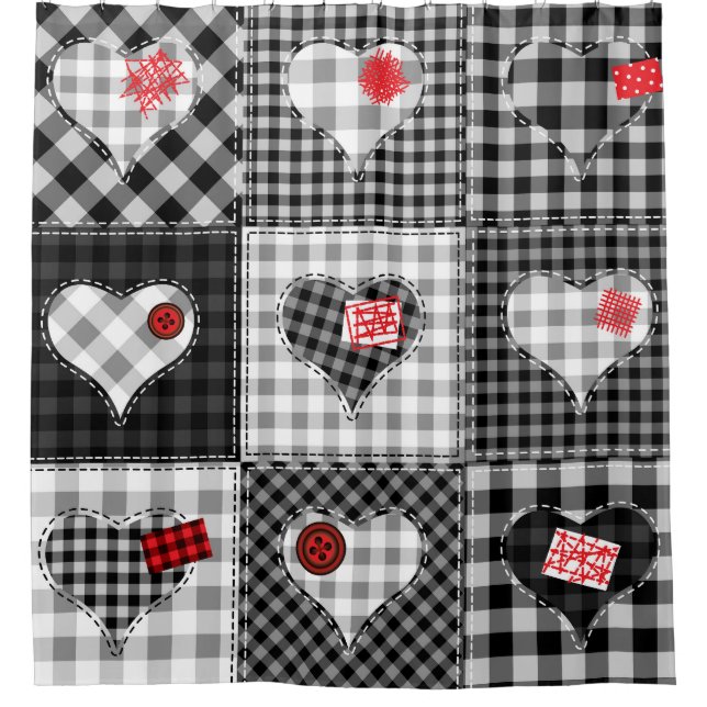 Black White Patchwork Hearts Seamless. Shower Curtain (Front)