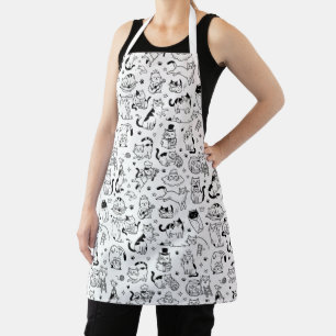 Black & White Pattern Funny Cartoon Cat Apron