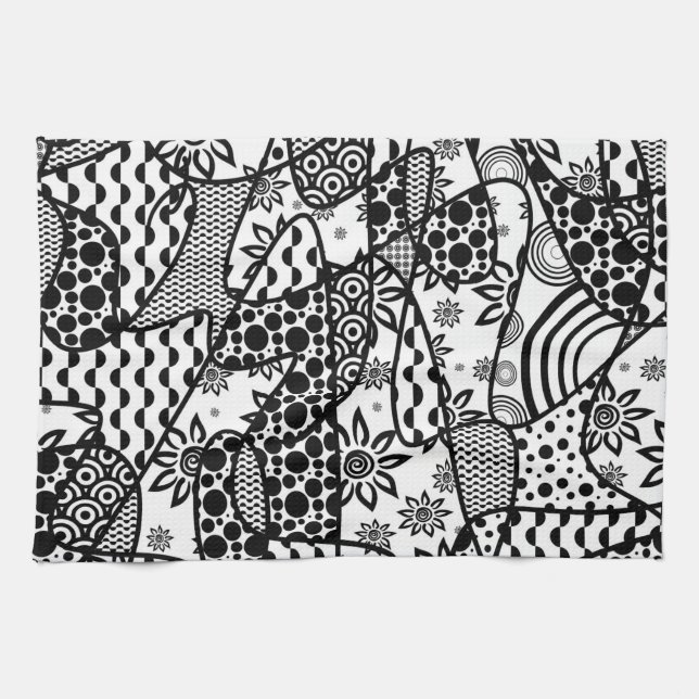 Black & White Pattern Patchwork 03 Tea Towel (Horizontal)