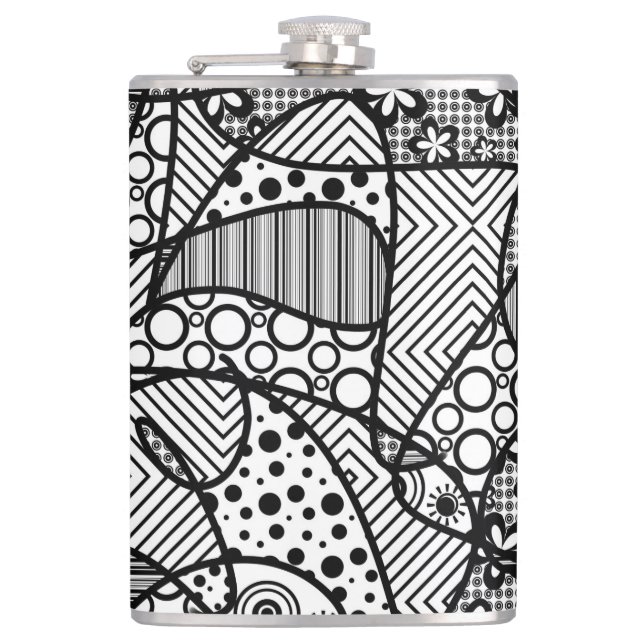 Black & White Pattern Patchwork 04 Hip Flask (Front)