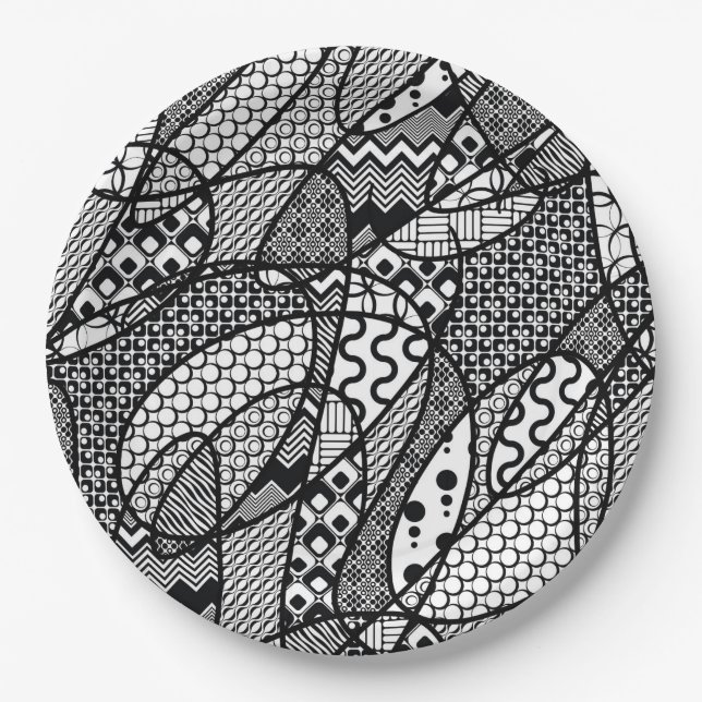Black & White Pattern Patchwork 05 Paper Plate (Front)