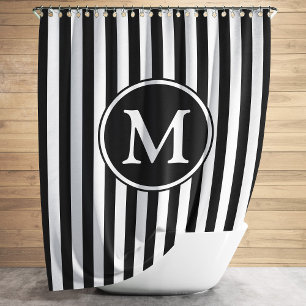 Black White Pattern Striped Monogrammed Shower Curtain