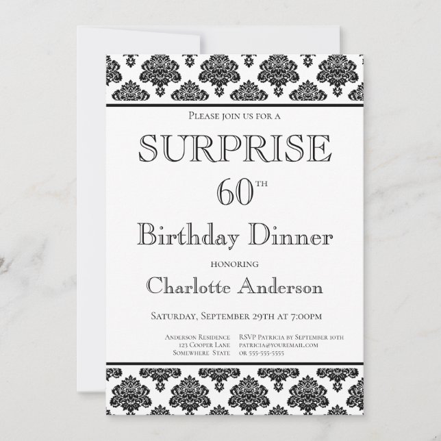 Black White Pattern Surprise 60th Birthday Dinner Invitation (Front)