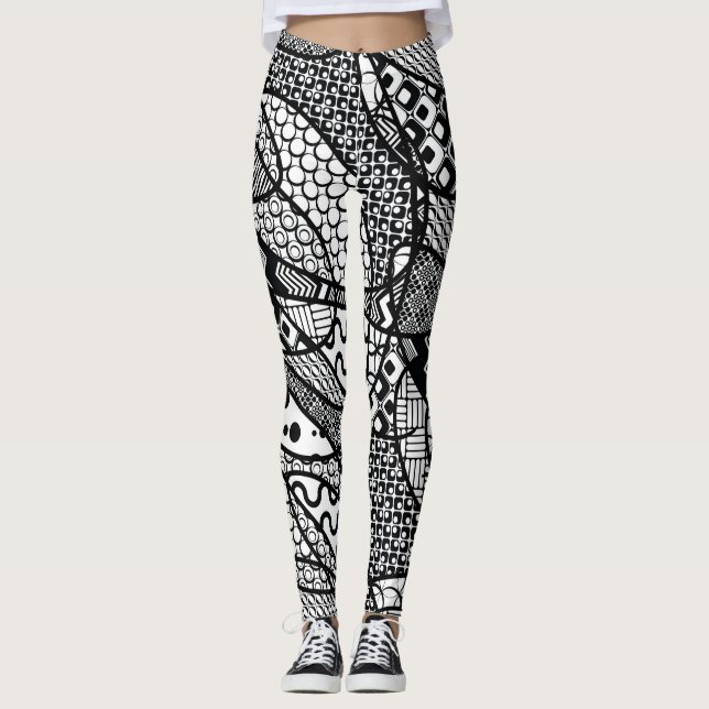 Black & White Patterned, Crazy, Funky, Unique Leggings (Front)