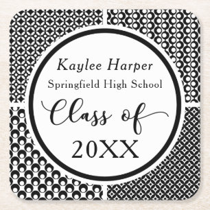 Black & White Patterns Graduation Celebration Square Paper Coaster