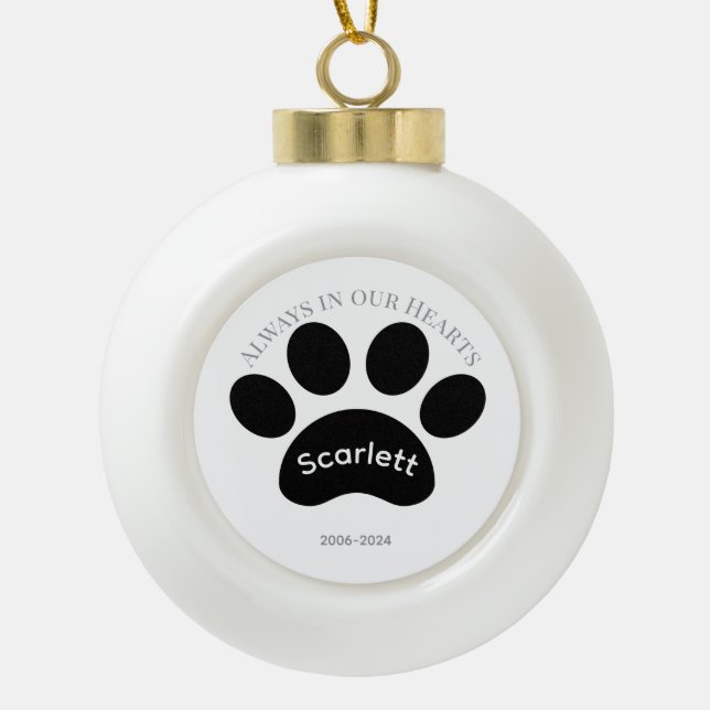 Black & White Paw Print Holiday Memorial Ceramic Ball Christmas Ornament (Front)
