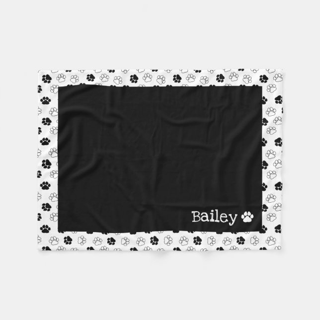 Black White Paw Print Pattern Add Pet Name Fleece Blanket (Front (Horizontal))