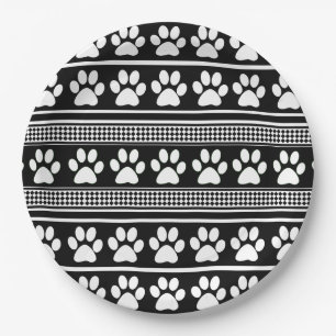 Black white paw print pattern paper plates