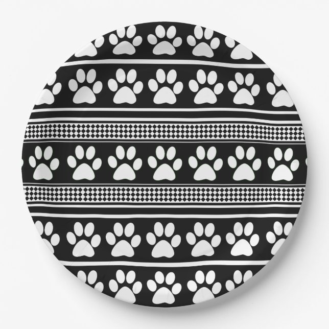 Black white paw print pattern paper plates (Front)