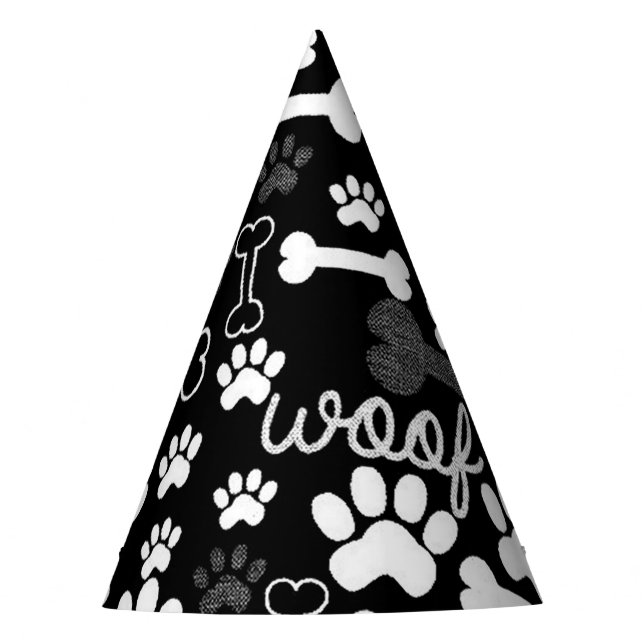 Black & White Paw Prints & Bones Dog Party Hat (Front)