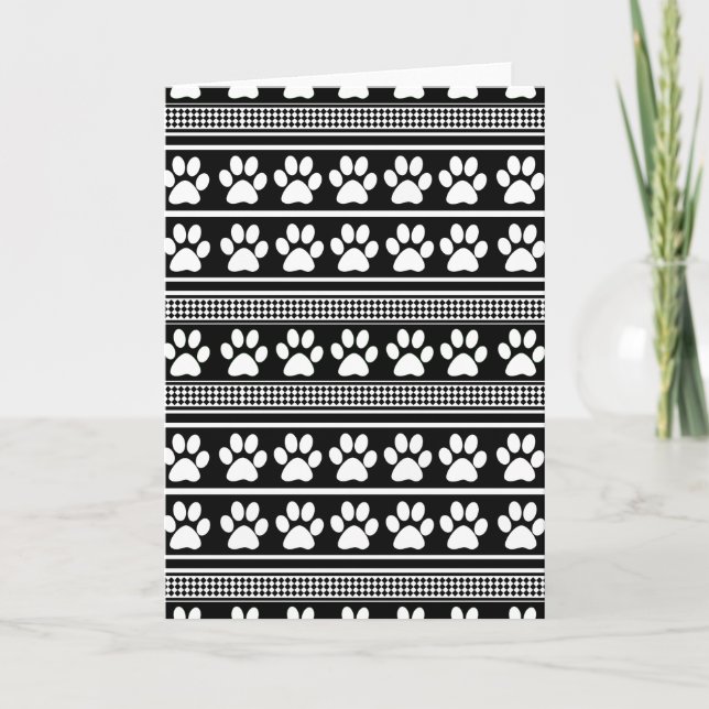Black white paw prints pattern greeting card (Front)