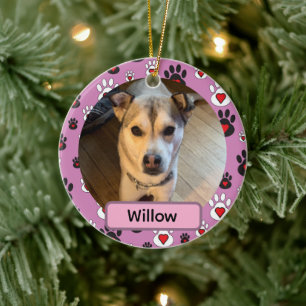 Black White Pawprint Red hearts Name pink Ornament
