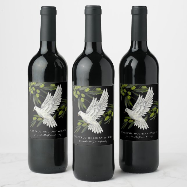 Black White Peace Dove and Olive Branches Custom Wine Label (Bottles)