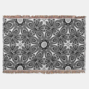 Black White Peacock Circle Woven Throw Blanket