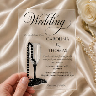 Black & White Pearl Champagne Glass Wedding Acrylic Invitations