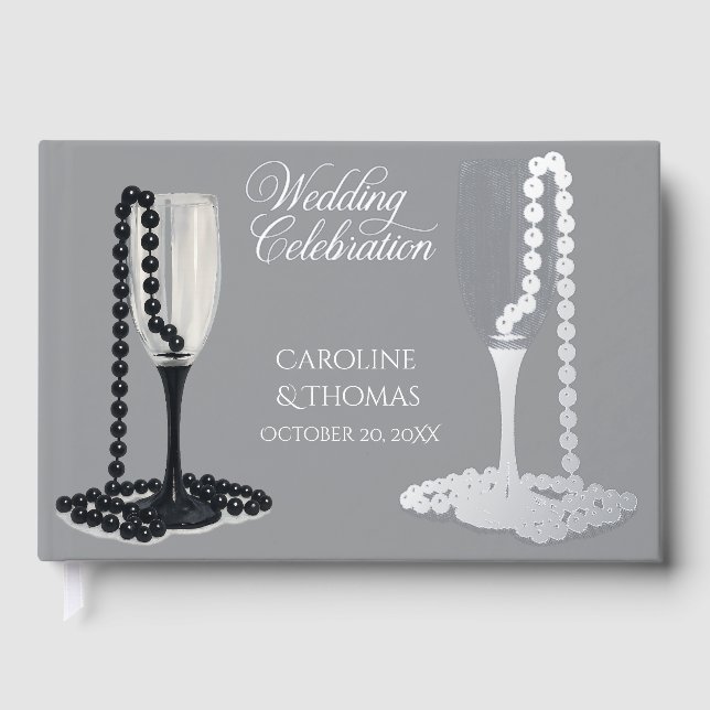 Black & White Pearl Champagne Glass Wedding Guest Book (Front)