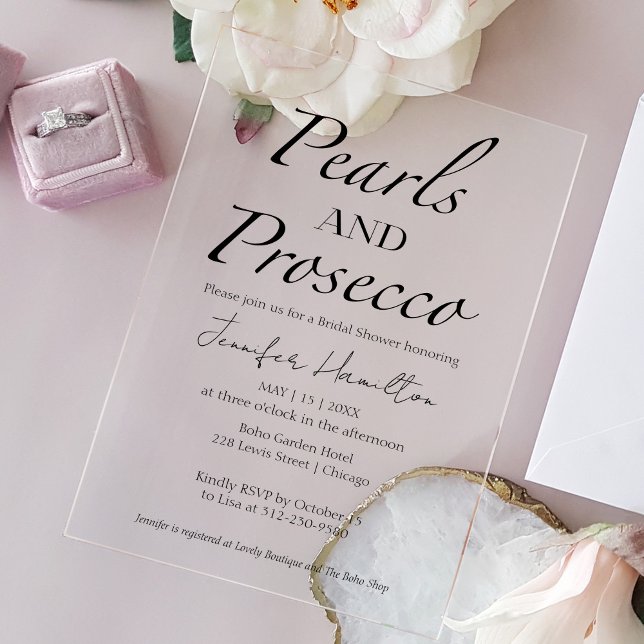 Black & White Pearls and Prosecco Bridal Shower Acrylic Invitations (Creator Uploaded)