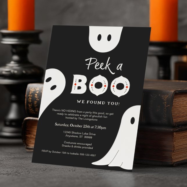 Black White Peek A Boo Ghosts Halloween Party  Invitation (Shown on a 5" x 7" invitation)