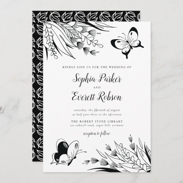 Black White Pen Ink Butterfly Botanical Wedding Invitation (Front/Back)
