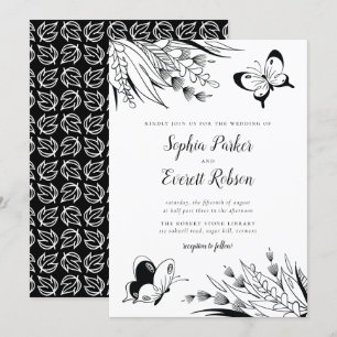 Black White Pen Ink Butterfly Botanical Wedding Invitation