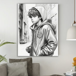 Black & White Pencil Drawing Boy AI Generated Art  Poster