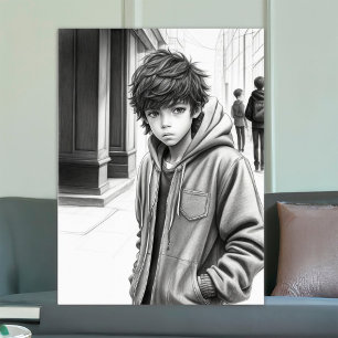 Black & White Pencil Drawing Boy AI Generated Art Poster