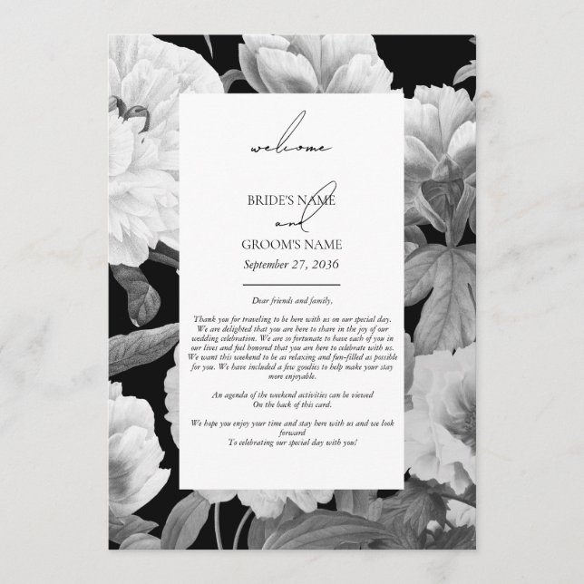 Black & White Peonies Floral Wedding Itinerary Program (Front)