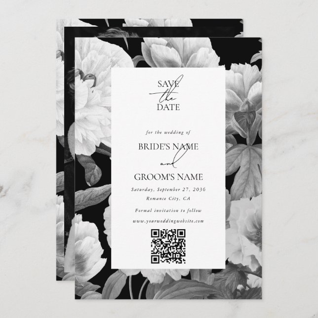 Black & White Peonies Floral Wedding Photo Save The Date (Front/Back)