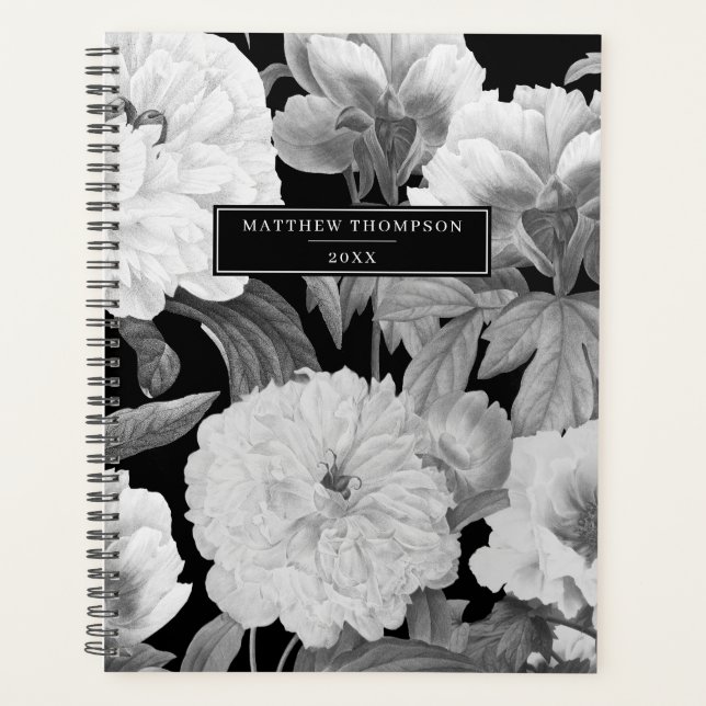 Black & White Peonies Watercolor Floral Album Planner (Front)