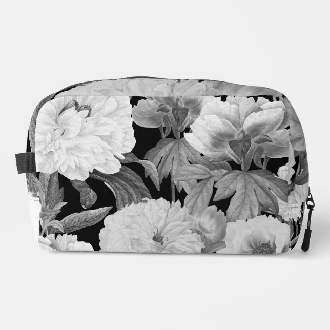 Black & White Peonies Watercolor Floral Dopp Kit (Front)